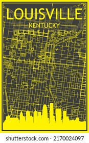 Yellow printout city poster with panoramic skyline and hand-drawn streets network on dark gray background of the downtown LOUISVILLE, KENTUCKY