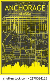 Yellow printout city poster with panoramic skyline and hand-drawn streets network on dark gray background of the downtown ANCHORAGE, ALASKA