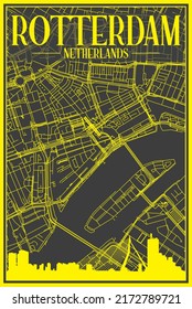 Yellow printout city poster with panoramic skyline and hand-drawn streets network on dark gray background of the downtown ROTTERDAM, NETHERLANDS