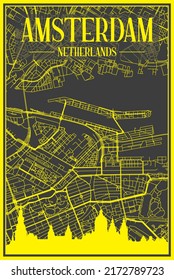 Yellow printout city poster with panoramic skyline and hand-drawn streets network on dark gray background of the downtown AMSTERDAM, NETHERLANDS