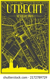 Yellow printout city poster with panoramic skyline and hand-drawn streets network on dark gray background of the downtown UTRECHT, NETHERLANDS