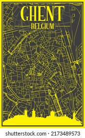 Yellow printout city poster with panoramic skyline and hand-drawn streets network on dark gray background of the downtown GHENT, BELGIUM