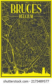 Yellow printout city poster with panoramic skyline and hand-drawn streets network on dark gray background of the downtown BRUGES, BELGIUM