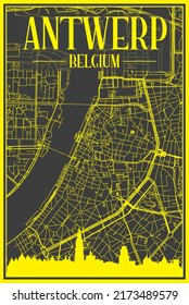 Yellow printout city poster with panoramic skyline and hand-drawn streets network on dark gray background of the downtown ANTWERP, BELGIUM