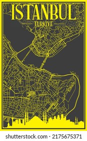Yellow printout city poster with panoramic skyline and hand-drawn streets network on dark gray background of the downtown ISTANBUL, TURKEY