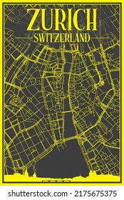 Yellow printout city poster with panoramic skyline and hand-drawn streets network on dark gray background of the downtown ZURICH, SWITZERLAND