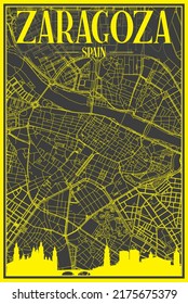 Yellow printout city poster with panoramic skyline and hand-drawn streets network on dark gray background of the downtown ZARAGOZA, SPAIN