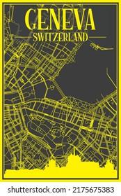Yellow printout city poster with panoramic skyline and hand-drawn streets network on dark gray background of the downtown GENEVA, SWITZERLAND