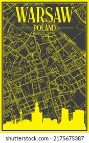 Yellow printout city poster with panoramic skyline and hand-drawn streets network on dark gray background of the downtown WARSAW, POLAND