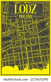 Yellow printout city poster with panoramic skyline and hand-drawn streets network on dark gray background of the downtown LODZ, POLAND