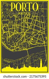 Yellow printout city poster with panoramic skyline and hand-drawn streets network on dark gray background of the downtown PORTO, PORTUGAL
