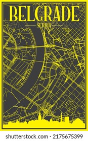 Yellow printout city poster with panoramic skyline and hand-drawn streets network on dark gray background of the downtown BELGRADE, SERBIA