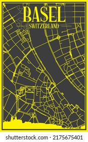 Yellow printout city poster with panoramic skyline and hand-drawn streets network on dark gray background of the downtown BASEL, SWITZERLAND