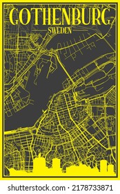 Yellow printout city poster with panoramic skyline and hand-drawn streets network on dark gray background of the downtown GOTEBORG (GOTHENBURG), SWEDEN