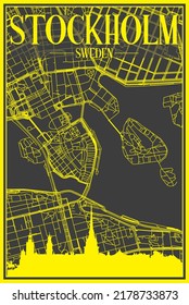 Yellow printout city poster with panoramic skyline and hand-drawn streets network on dark gray background of the downtown STOCKHOLM, SWEDEN