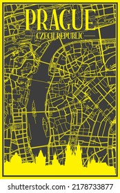 Yellow printout city poster with panoramic skyline and hand-drawn streets network on dark gray background of the downtown PRAGUE, CZECHIA