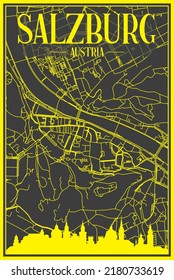 Yellow printout city poster with panoramic skyline and hand-drawn streets network on dark gray background of the downtown SALZBURG, AUSTRIA