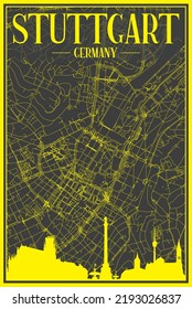 Yellow printout city poster with panoramic skyline and hand-drawn streets network on dark gray background of the downtown STUTTGART, GERMANY