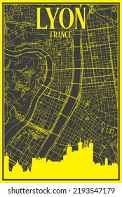 Yellow printout city poster with panoramic skyline and hand-drawn streets network on dark gray background of the downtown LYON, FRANCE