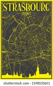 Yellow printout city poster with panoramic skyline and hand-drawn streets network on dark gray background of the downtown STRASBOURG, FRANCE