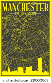 Yellow printout streets network map with city skyline of the downtown MANCHESTER, UNITED KINGDOM on a black framed background