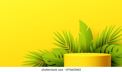 Yellow Product podium with paper cut monstera leaf on yellow background. Modern mockup template for advertising. Vector illustration EPS10