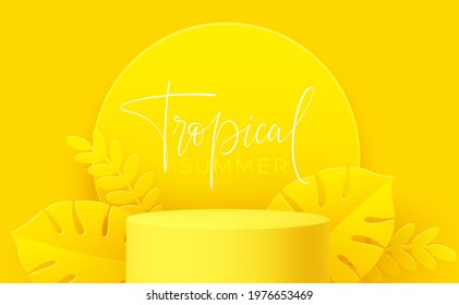 Yellow Product podium with paper cut monstera leaf on yellow background. Modern mockup template for advertising. Vector illustration EPS10