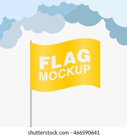 Yellow promo flag mockup with clouds on the background. Vector illustration.