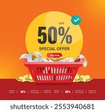 Yellow promotional circle tag label with message special offer 50% discount, paper receipt coupon placed in red shopping basket or red cart, vector 3d on orange background for advertising design