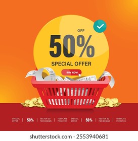 Yellow promotional circle tag label with message special offer 50% discount, paper receipt coupon placed in red shopping basket or red cart, vector 3d on orange background for advertising design