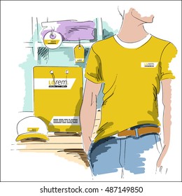 Yellow promotional souvenirs design for corporate identity. Business stationery sketch in a drawing style