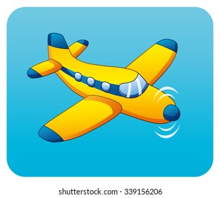 Yellow propeller airplane on a blue background.