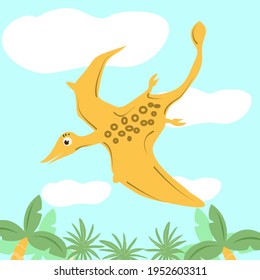 A yellow pterodactyl flies over the trees. Children's illustration with prehistoric animals