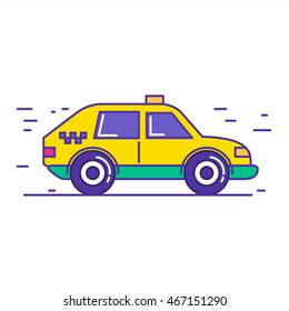 Yellow public taxi car icon design in trendy cartoon line style. Vector illustration of city cab service isolated on white background.