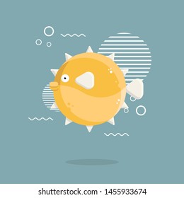 Yellow puffer fish, sea creature in flat design. character vector illustration.