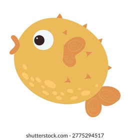 Yellow puffer fish with spines isolated on white background. Flat vector illustration of tropical marine life for nursery and nautical design