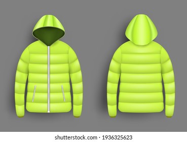 Yellow puffer jacket mockup set, vector isolated illustration. Realistic modern hooded down jacket, padded coat template, front and back view.