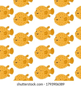 Yellow pufferfish doodle hand drawn seamless pattern on white  background for fashion print, wrapping paper and wallpaper
