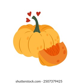 Yellow pumpkin. Autumn vegetables in flat style. Half pumpkin on white background. Fall holiday decor with pumpkin.