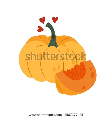 Yellow pumpkin. Autumn vegetables in flat style. Half pumpkin on white background. Fall holiday decor with pumpkin.