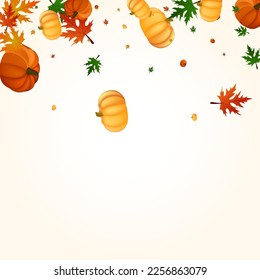 Yellow Pumpkin Background Light Vector. Orange Vibrant Template. Gold Rowan Holiday Illustration. Plant Happy. Harvest Border.