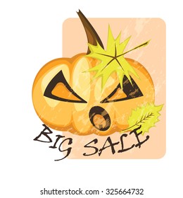 yellow pumpkin with eyes and a mouth, happy Halloween, autumn leaves and the inscription big sale, conceptual illustration, vector 