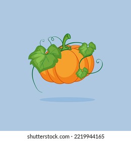 Diseño plano de calabaza amarilla con fondo azul, para el afiche de la fiesta de halloween, menú de comida, ilustración del libro de verduras y frutas