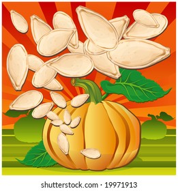 Yellow pumpkin with green leaves and seeds on garden background, vector illustration