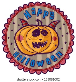 Yellow pumpkin with horns, big dark eyes and a scary smile. Dark striped  background with a frame in the shape of petals.