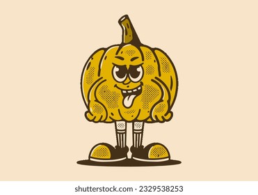 Yellow pumpkin mascot character with cunning face, in vintage style drawing