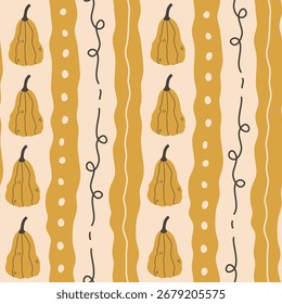 Yellow Pumpkin Striped Seamless Pattern. Whimsical Autumn Background with curly vertical stripes and curvy gourds for fabric, wallpaper, retro fall design, festive seasonal card