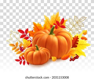 Yellow pumpkins, autumn leaves on transparent background. Autumn festival invitation. Postcard or banner. 3d realistic vector illustration.