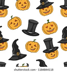 Yellow pumpkins in black witch hats. Halloween seamless pattern, vector illustration.