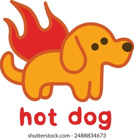 yellow puppy with a red flame on its back, and below, the words hot dog